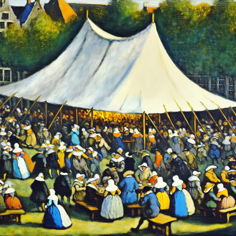 Levendige feesttent op een grasveld met mensen die gezellig samenkomen tijdens een evenement in de stijl van Frans Hals